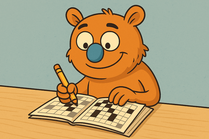 Bild på vår maskot Bosse här på Synonymerna.se, som löser ett korsord med hjälp av vår korsordshjälp.